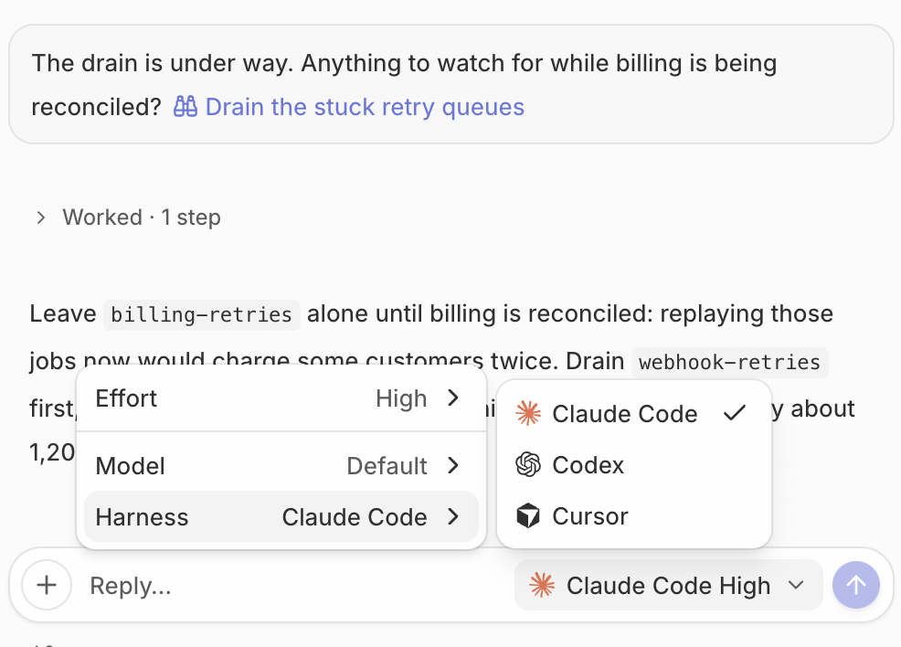 The harness menu in an agent chat: Claude Code, Codex and Cursor, with model and effort settings