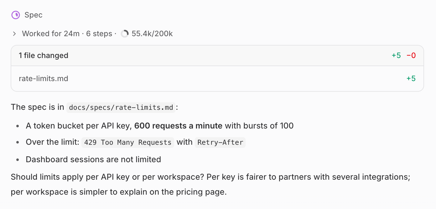 The Spec agent shares its spec and asks whether rate limits should apply per API key or per workspace