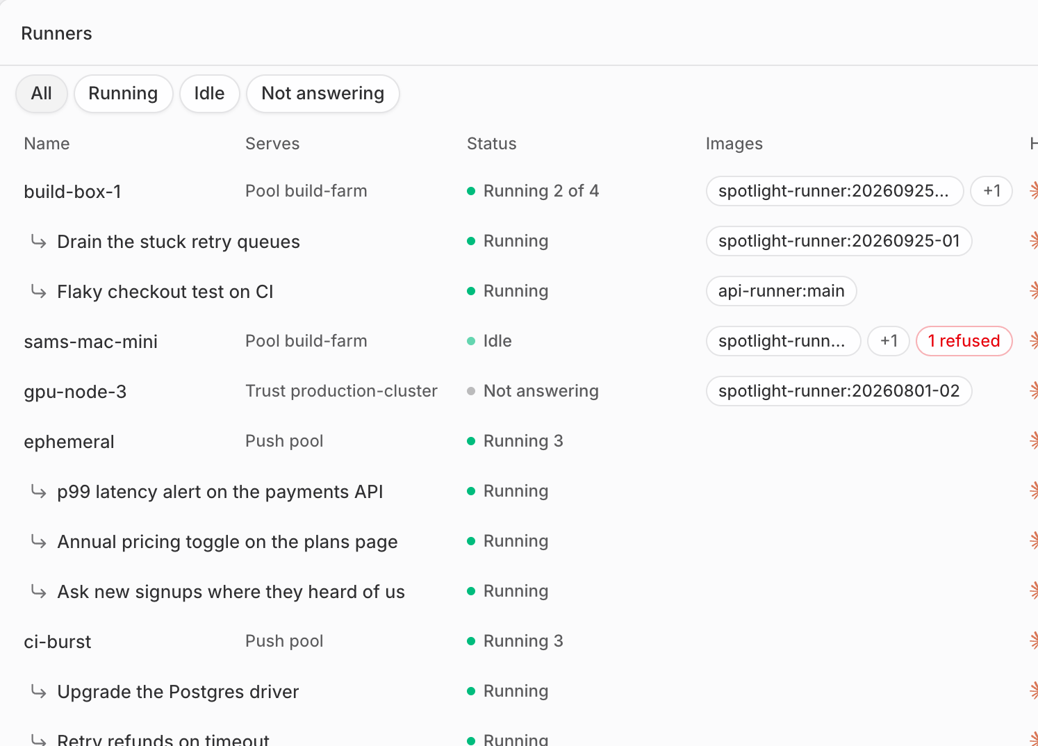 The Runners page in Spotlight: build machines and a Mac mini in a pool, each running tasks
